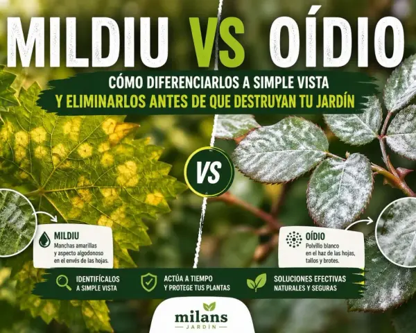 Comparativa visual de mildiu y oídio hongo en hojas. El mildiu causa manchas amarillas y aspecto algodonoso, mientras que el oídio deja un polvillo blanco.
