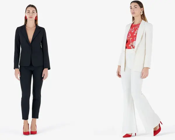 Donna con giacca aperta o chiusa: un completo nero elegante e un tailleur bianco con camicetta a fiori.