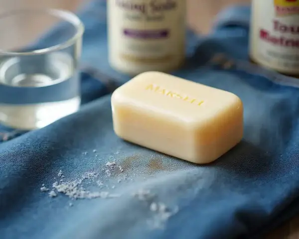 Savon, eau et bicarbonate de soude pour enlever une tache de gras sur un jean.