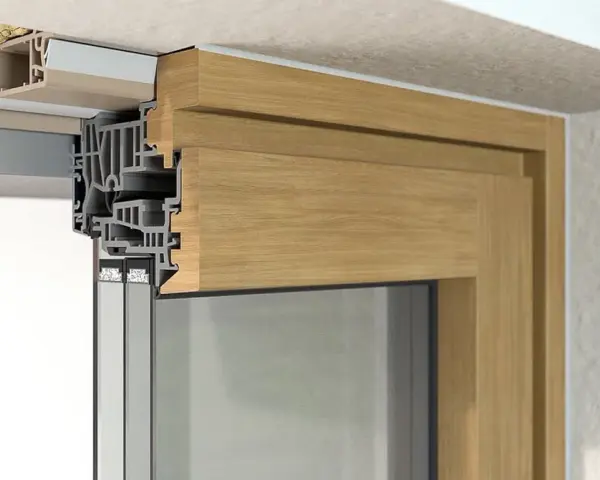 Detailansicht: So wird ein Fenster fachgerecht eingebaut. Holz-Alu-Konstruktion mit Mehrfachverglasung.