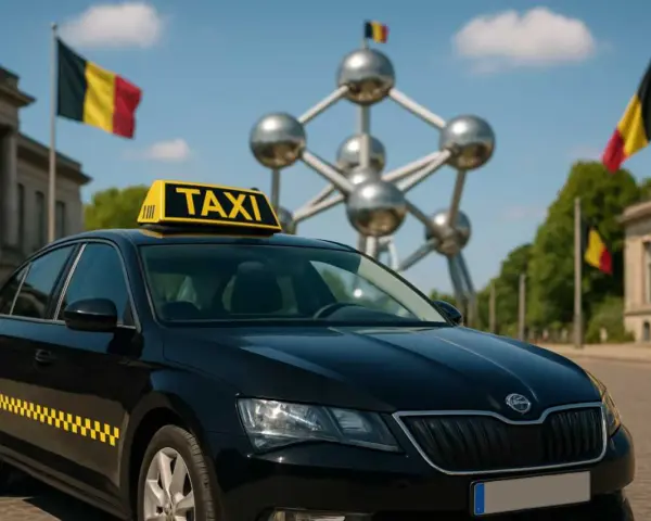 Schwarzer Taxi in Belgien vor dem Atomium. Belgische Flaggen wehen im Hintergrund.