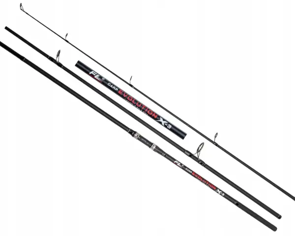 Trzy wędki karpiowe FL Carp Evolution X-3, każda o długości 3.9m i mocy 3.5lbs, gotowe na wielkie połowy.