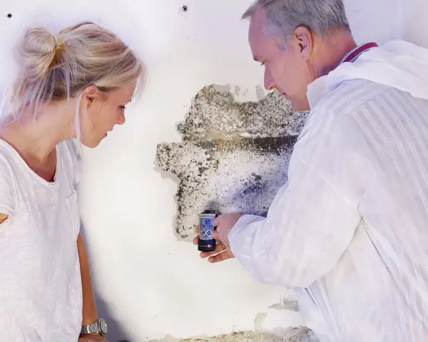Ein Gutachter prüft Schimmelbefall an einer Wand. Die Frau fragt sich, wer die Kosten für den Schimmel Gutachter zahlt.