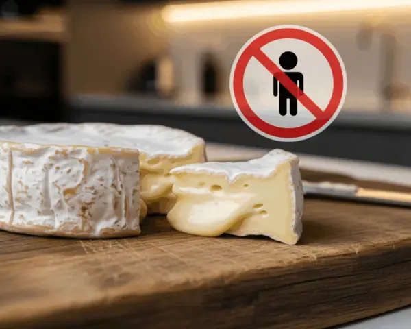 Un camembert coupé sur une planche en bois, avec un panneau d'interdiction. Question : quel fromage manger enceinte ?