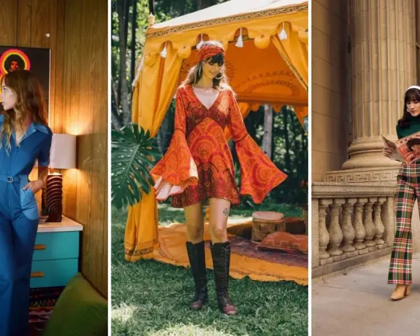 Trzy stylizacje w klimacie moda lat 70.: w dżinsowym kombinezonie, pomarańczowej sukience z dzwonami i w kraciastych dzwonach.