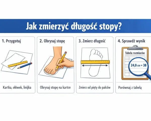 Instrukcja mierzenia stopy: przygotuj kartkę, obrysuj stopę, zmierz długość od pięty do palców. 24 cm to rozmiar 38.