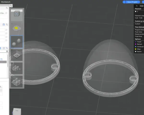 Ustawienia w Anycubic slicer dla druku skorupki jajka. Widoczne są modele, ustawienia filamentu i szacowany czas druku.