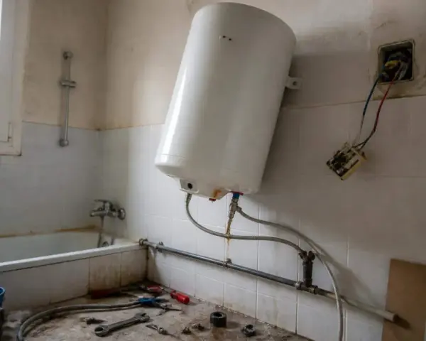 Un chauffe-eau blanc est en cours de branchement dans une salle de bain. Des outils sont posés sur le sol.