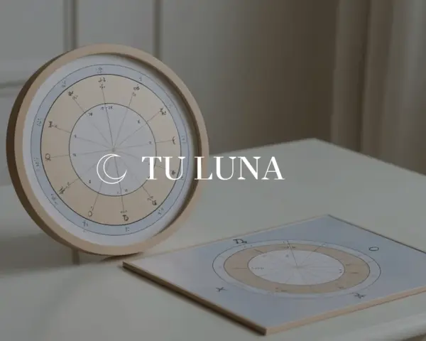 Dos cartas astrales, una circular y otra plana, muestran símbolos y números. El texto "TU LUNA" sugiere que exploran qué es la luna en la carta astral.