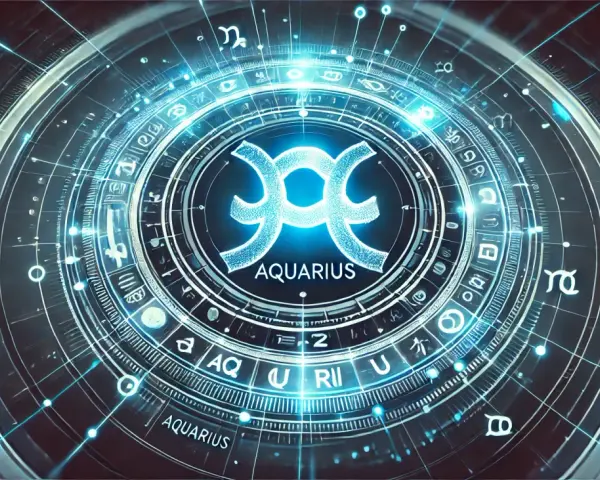 Cyfrowa tarcza z symbolami zodiaku i napisem AQUARIUS. Widoczny ascendent w Wodniku, otoczony neonowymi liniami i gwiazdami.