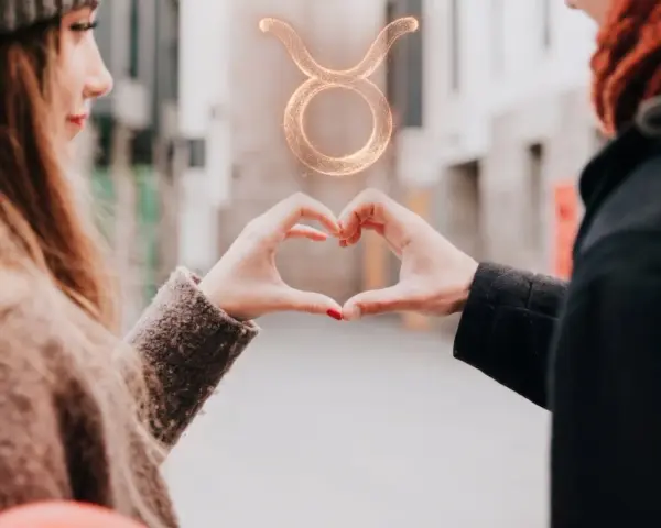 Para z dłońmi tworzącymi serce, nad nimi symbol zodiaku Byk.