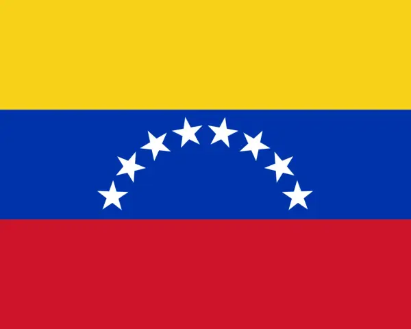 Bandera tricolor con franjas amarilla, azul y roja. En la franja azul, una hilera de estrellas blancas forma un arco. Es una bandera parecida a Francia, pero con estrellas.