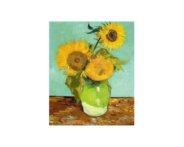 Vincent van Goghs solrosor i en grön vas. Tre solrosor med gula kronblad och bruna mittar mot en turkos bakgrund.