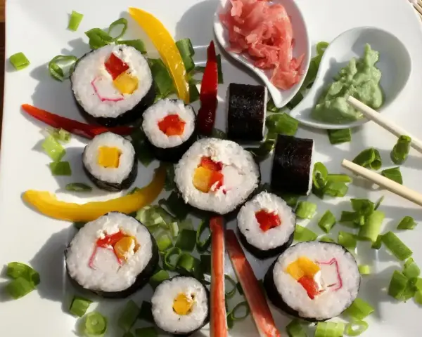 Kolorowe rolki sushi z surimi, papryką i mango, ozdobione szczypiorkiem i papryczkami chili. Obok wasabi i marynowany imbir.