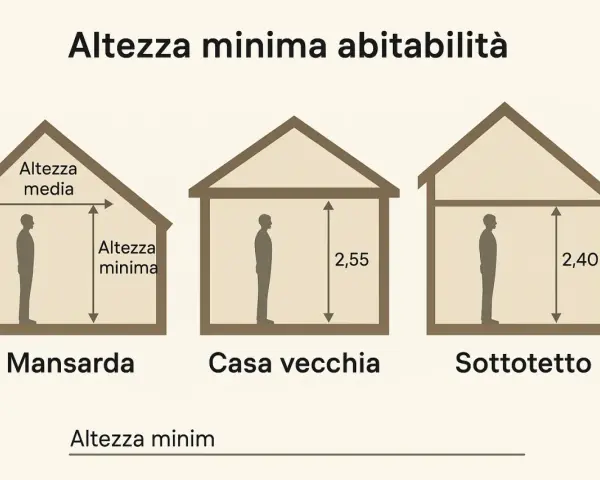 Illustrazione mostra l'altezza minima abitabilità in mansarda, casa vecchia e sottotetto.