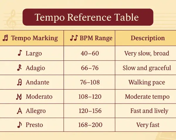 Tabela tempa muzycznego. Largo ma zakres 40-60 BPM, czyli metronom 60 to tempo Largo.