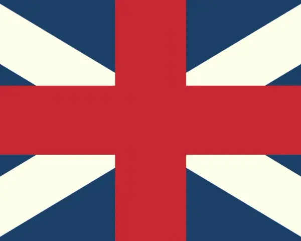 Flaga Wielkiej Brytanii, znana jako Union Jack, z czerwonym krzyżem na niebieskim tle i białymi oraz czerwonymi pasami.