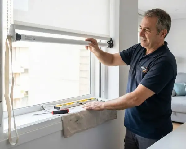 Técnico instalando motor para persiana, con herramientas y nivel a la vista. Un móvil muestra la interfaz de control.