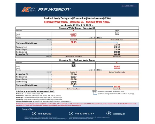 Rozkład jazdy PKP Rzeszów - Stalowa Wola Rozw. i Rzeszów Gł. - Stalowa Wola Rozw. z komunikacją zastępczą autobusową (ZKA) na okres 12 VI - 3 IX 2022 r.