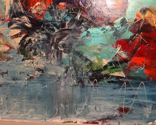 Peinture abstraite aux couleurs vives, avec des touches de bleu, rouge et vert. Le rendu est un mélange de vernis satiné ou mat, créant une texture riche et profonde.