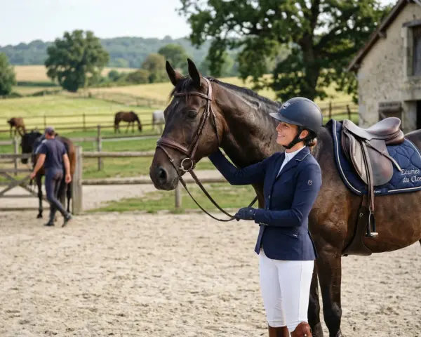 Une cavalière souriante, casque sur la tête, tient son cheval. La **FEI definition** de l'équitation est ici incarnée par cette scène paisible.