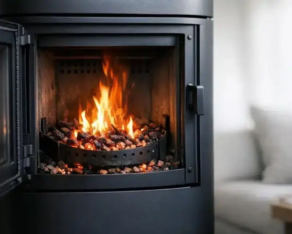 Poêle à granulés allumé, porte ouverte, flammes vives dans le foyer rempli de granulés.