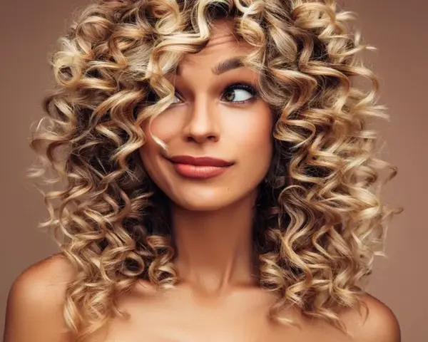 Kobieta z burzą blond loków, krótkie kręcone włosy podkreślają jej uśmiech i spojrzenie.