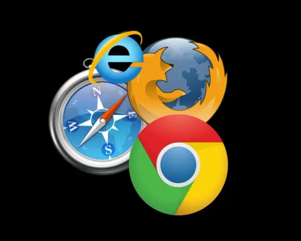 Ikony przeglądarek Internet Explorer, Firefox, Chrome i kompas na czarnym tle.