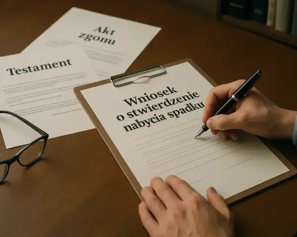 Dłoń pisze wniosek o stwierdzenie nabycia spadku. Obok leżą testament i akt zgonu.