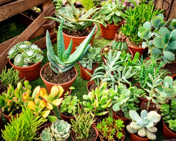 Variedad de plantas crasas en macetas, incluyendo aloe vera y suculentas de diversas formas y colores, dispuestas sobre césped artificial.