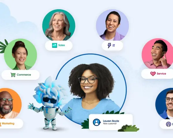 Un robot interactúa con un equipo diverso: Marketing, Ventas, Comercio, Servicio, IT y Datos. Así funciona **que es CRM en marketing** para conectar clientes.