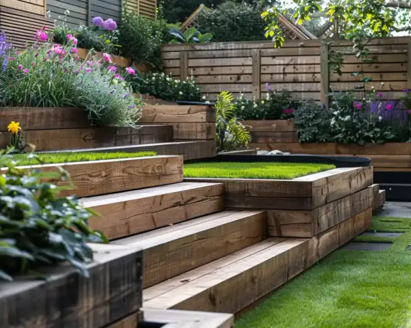 Jardin aménagé en terrasses sur un terrain en pente raide, avec des parterres de fleurs colorées et de l'herbe verte vive.