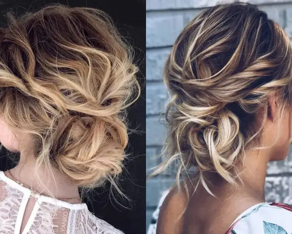 Due acconciature con capelli semi raccolti eleganti, con morbide onde bionde e castane, perfette per un look romantico.