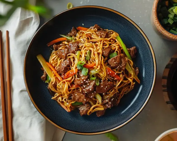 Chow mein z wołowiną i warzywami w misce, obok pałeczek i sosu sojowego.