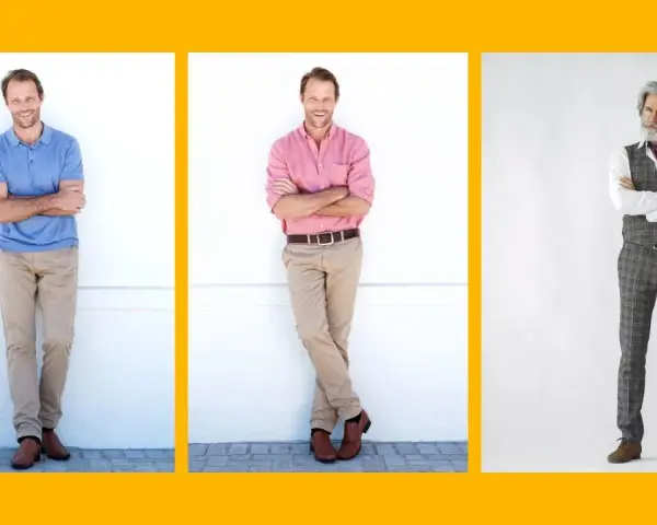 Trzech mężczyzn prezentuje różne style ubierania się: casualowy polo, elegancki z koszulą i garnitur w kratę.
