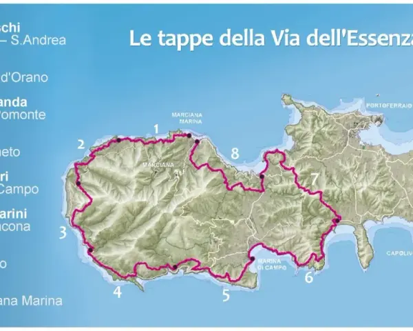 Mappa dell'Isola d'Elba con le tappe della Via dell'Essenza, un percorso che attraversa sentieri panoramici e borghi caratteristici.