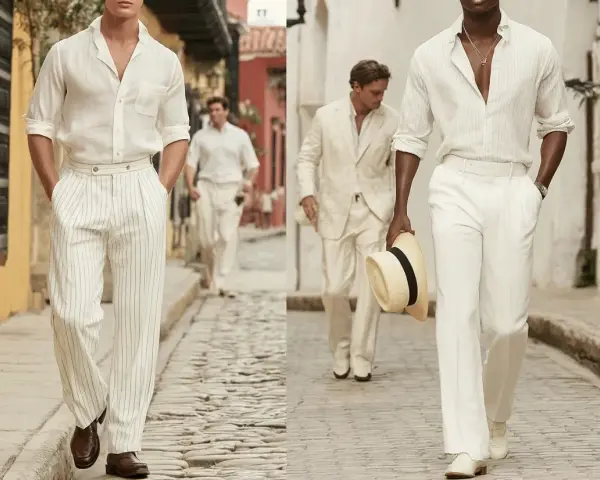 Uomini con un elegante outfit uomo pantaloni bianchi a righe, camicie leggere e cappello di paglia, passeggiano su un vicolo acciottolato.