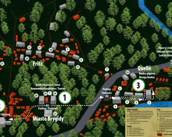 Mapa kompleksu bunkrów w Mamerkach z zaznaczonymi obiektami, muzeami i parkingami.
