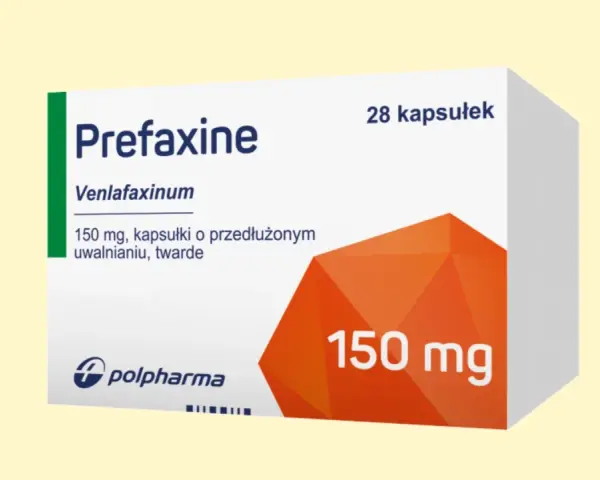 Opakowanie leku Prefaxine 150 mg, zawierające 28 kapsułek o przedłużonym uwalnianiu.