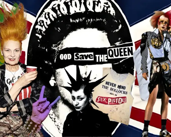 Vivienne Westwood Punk Ikone mit zerzaustem Haar und einem Becher in der Hand, umgeben von Punk-Symbolen und der britischen Flagge.
