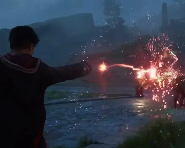 Uczeń rzuca zaklęcie, walcząc z przeciwnikiem. Wyobraź sobie, jakby to wyglądało w **Hogwarts Legacy multiplayer**!