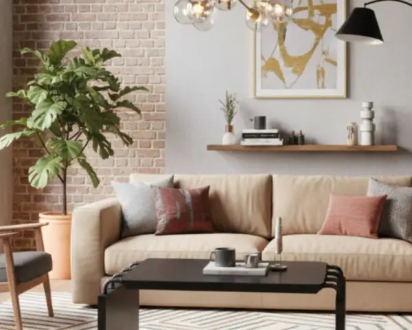 Przytulny salon z kanapą w kolorze słomkowym, szarymi fotelami, ceglaną ścianą i dużą rośliną.
