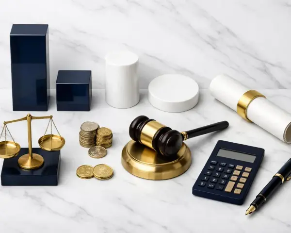 Balance, marteau de juge, calculatrice, stylo, pièces et diplôme symbolisent les frais d'avocat pour partage judiciaire.