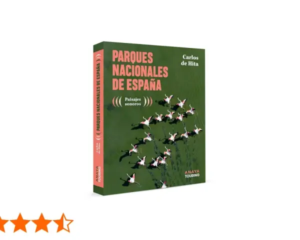 Libro "Parques Nacionales de España" con flamencos rosados en vuelo. Explora la belleza sonora de estos lugares.