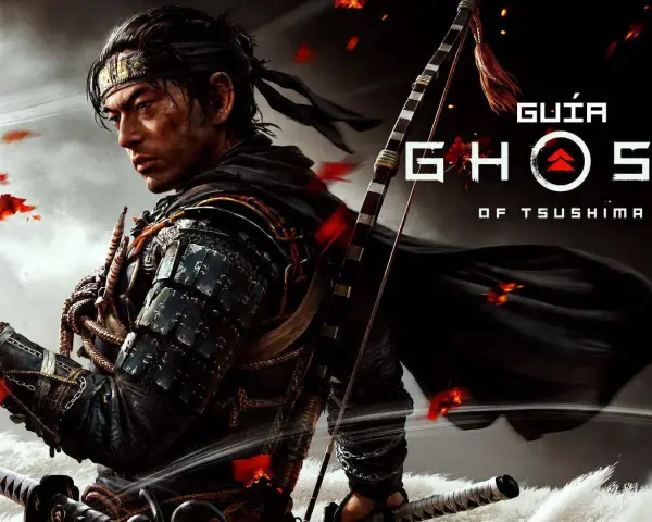Jin Sakai, protagonista de la **guía Ghost of Tsushima**, con armadura samurái y arco. Hojas rojas flotan en el aire.