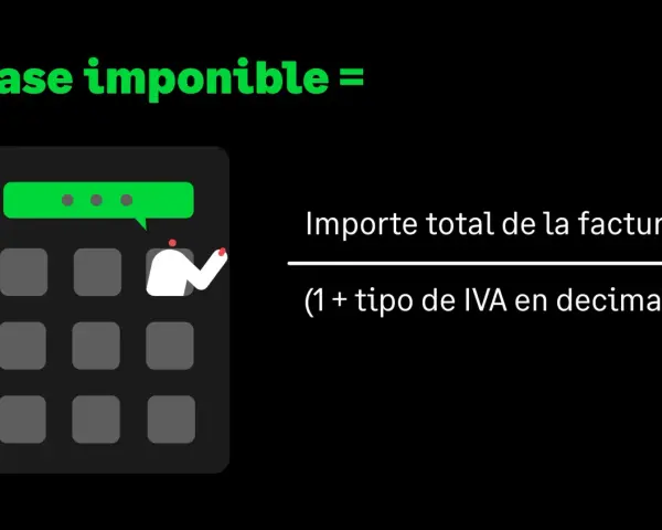 Calculadora muestra cómo hallar la **base imponible**: importe total de factura dividido por (1 + tipo de IVA en decimal).