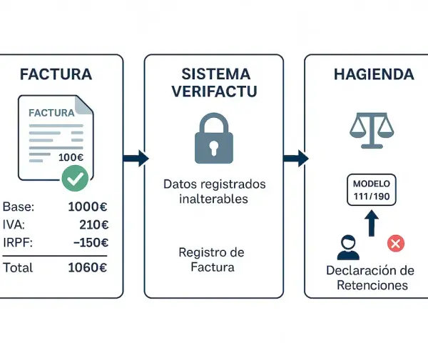 Diagrama muestra el flujo de una factura con base, IVA e IRPF, pasando por un sistema de verificación y llegando a Hacienda para la declaración de retenciones.