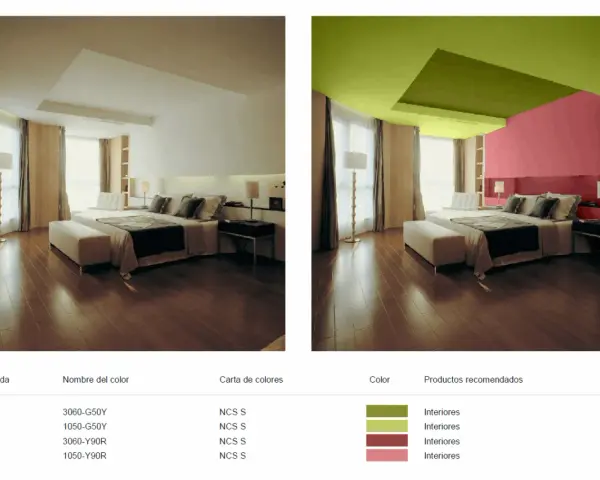 Habitación de hotel con paredes y techo pintados en colores vibrantes, usando el natural color system para un diseño moderno.