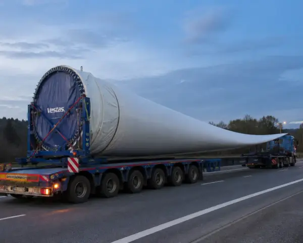 Ogromne łopaty wiatraka Vestas na specjalistycznej platformie. To skomplikowane zlecenie transportowe na drodze o zmierzchu.