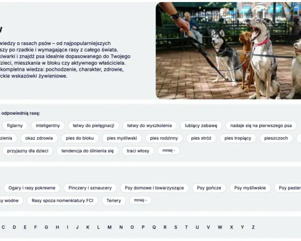 Cztery psy na smyczach, w tym husky i owczarek australijski. Strona prezentuje, ile jest ras psów, z opcjami filtrowania.